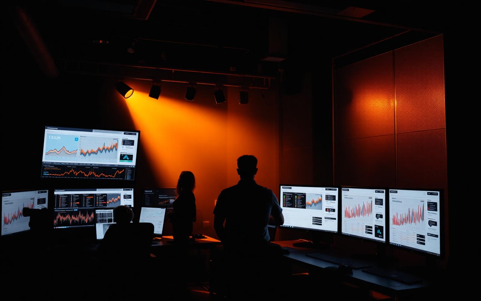 Analytics war-room with multi-monitor performance dashboards