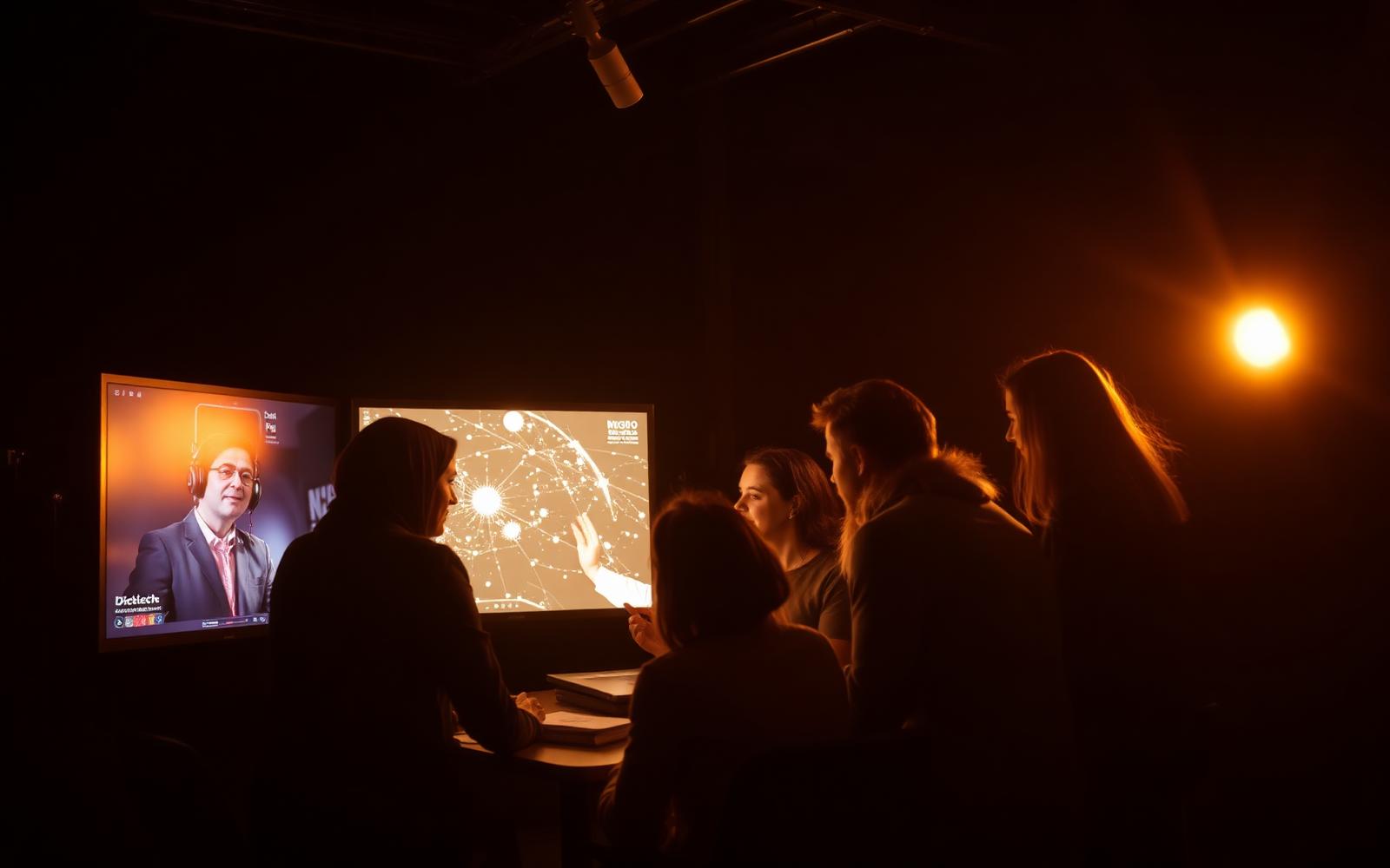 Openly Media studio team collaborating around screens